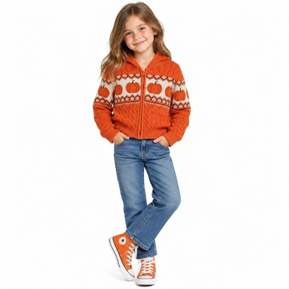 Gymboree Girls Size 7 Lil Pumpkin Fair Isle Cable Knit Hooded Sweater Fall